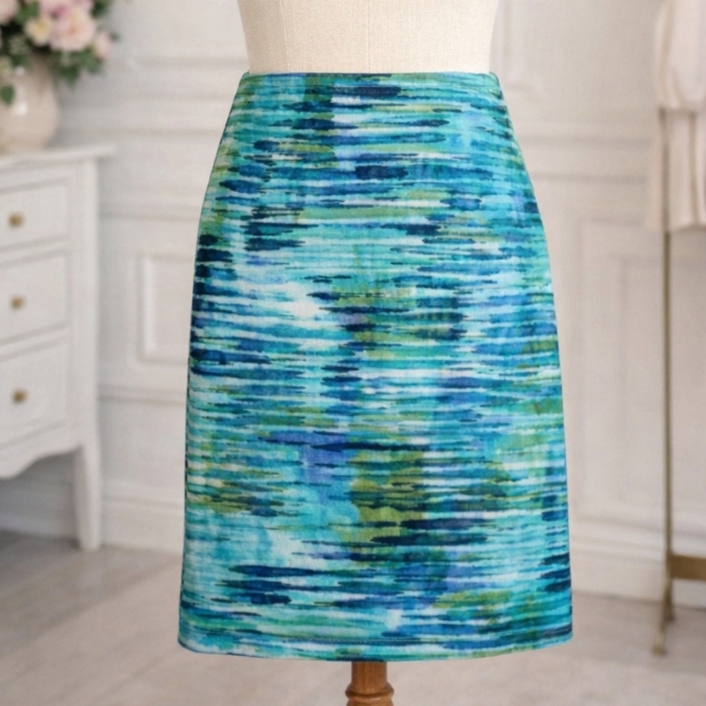 Vintage La Belle 90s Y2K Abstract Watercolor Skirt Blue Green Stretch - Picture 1 of 5